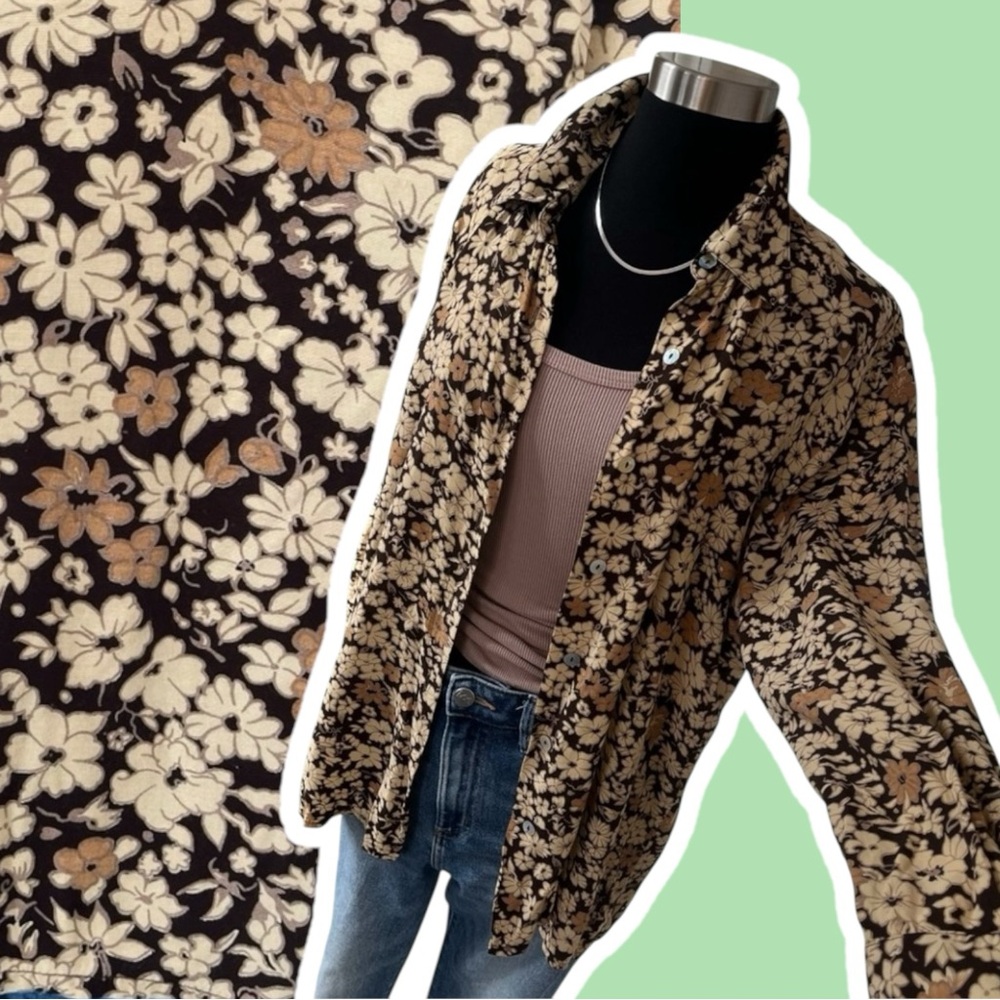 Vintage New Age 70s brown floral button up long sleeved viscose shirt